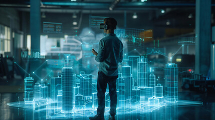 a man standing in front of a large screen with a city map hologram