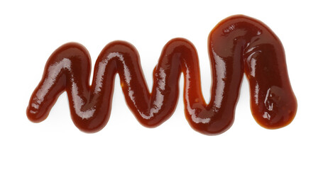 Sample of tasty barbecue sauce isolated on white, top view