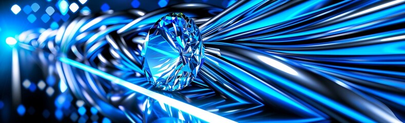 Sparkling blue diamond metallic reflective surface, jewellery concept, banner, copy space