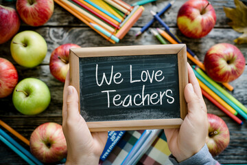 A pair of hands holding a small chalkboard with "We Love Our Teachers" written in chalk, surrounded by school supplies and apples, soft light, with copy space