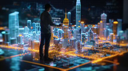 a man standing in front of a large screen with a city map hologram