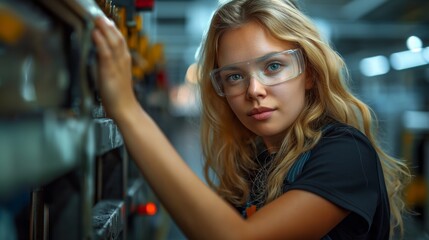 Fototapeta premium A young woman in protective glasses is conducting experiments in the laboratory, doing scientific researc