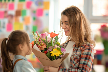 A teacher receiving a bouquet of flowers from a small child in a classroom, with the child's colorful drawings visible on the walls behind them, soft light, with copy space