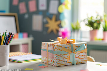 A teacher's desk with a gift wrapped in colorful paper and a thank you card from students, showing appreciation, with classroom elements in the background, soft light, with copy sp