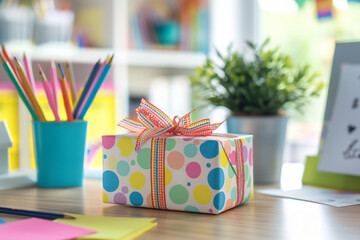 A teacher's desk with a gift wrapped in colorful paper and a thank you card from students, showing appreciation, with classroom elements in the background, soft light, with copy sp