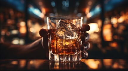 A person is holding a glass of whiskey with ice at a bar - obrazy, fototapety, plakaty