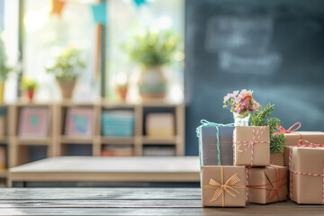 A collection of handmade gifts and cards for Teacher's Day displayed on a wooden table, with the classroom in the background, soft light, with copy space