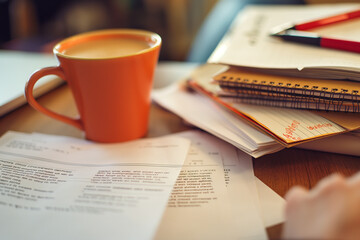 A teacher's hand holding a cup of coffee, with a stack of student essays and a red grading pen on the desk, capturing a quiet moment before class, soft light, with copy space