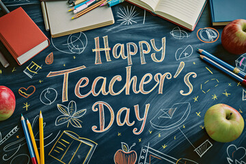 A vintage blackboard with "Happy Teacher's Day" written in elegant cursive chalk letters, surrounded by doodles of books, apples, and pencils, soft light, with copy space