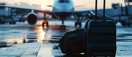 Travel mock with suitcase or luggage,accessories, Bags for trip. Blurred airport background and plane. Vacation, travel, adventure tourism leisure concept. Generative ai