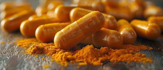 Turmeric Capsules and Powder Essence - Health in Focus. Concept Turmeric Benefits, Health Supplements, Natural Remedies, Holistic Wellness, Herbal Healing