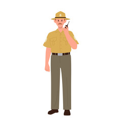 Forest ranger cartoon character speaking with walkie talkie digital device vector illustration