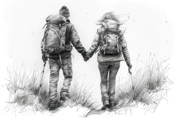 Pencil Sketch art of a couple hiking in forest, adventure