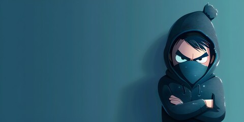 Hooded Burglar Character Rolling Eyes in Exasperated Annoyance with Copy Space