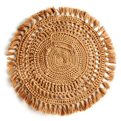 Round handmade crafted crochet raffia placemat with fringes isolated over a white background