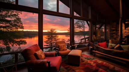 A serene lake reflecting the fiery colors of a sunset sky, with a rustic wood cabin nestled among the vibrant autumn foliage on the shore.