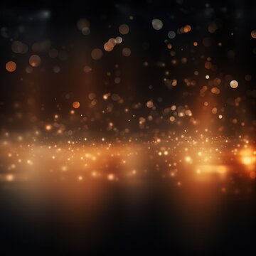 Tan abstract glowing bokeh lights on a black background with space for text or product display