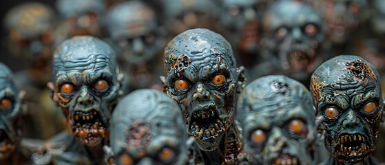 Close up of a Meticulously Detailed Army of Zombies Ready for Conquest Their Eyes Alight with a Gruesome Determination