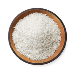 Raw basmati rice in bowl isolated on white, top view