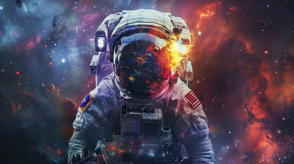 Astronaut Helmet Reflecting the Cosmic Beauty of Outer Space - obrazy, fototapety, plakaty
