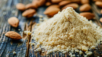 Fototapeta na wymiar illustration of freshly ground almond flour on a wooden background
