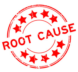 Grunge red root cause word with star icon round rubber seal stamp on white background