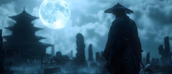 Haunted Samurai Silhouette Against Eerie Moonlit Ruins in Japan s Mystical Atmosphere - obrazy, fototapety, plakaty