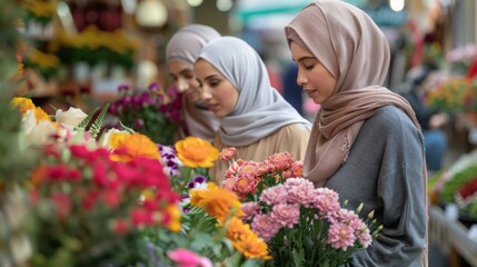 Friends, all Middle Eastern women wearing hijab, selecting fresh flowers at a florist