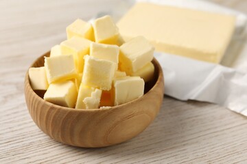 Tasty butter on light wooden table, closeup