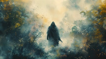 Solitary Warrior s Dreamlike Journey Through the Ethereal Forest Landscape - obrazy, fototapety, plakaty