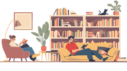 Husband and wife relaxing and reading at home living