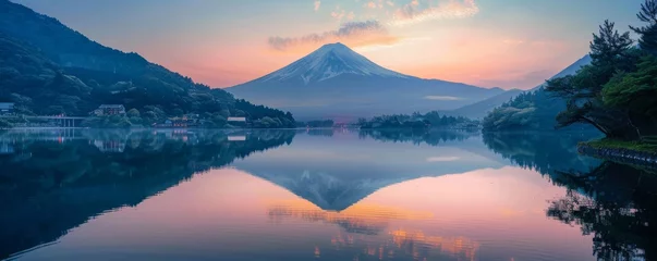 Fotobehang Early morning glow over Lake Kawaguchiko with Mount Fuji's iconic peak. © taelefoto