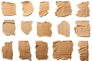Collection of ripped pieces of corrugated cardboard isolated on white background