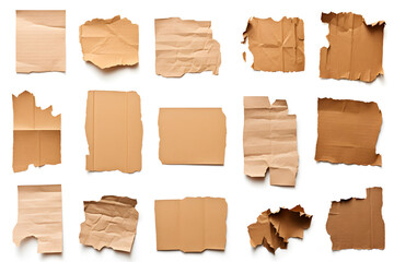 Collection of ripped pieces of corrugated cardboard isolated on white background