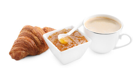 Fresh croissant, jam and coffee isolated on white. Tasty breakfast
