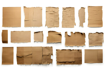 Collection of ripped pieces of corrugated cardboard isolated on white background