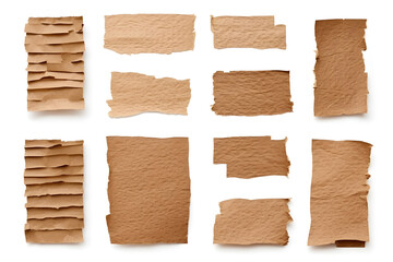 Collection of ripped pieces of corrugated cardboard isolated on white background