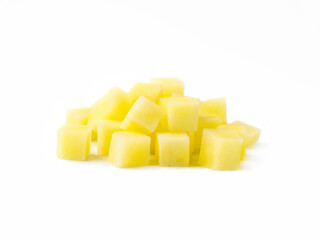 Heap of diced raw potatoes isolated on white background