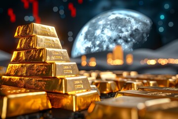 Gold bars stacked to form a staircase leading to the moon, Illustrating the path to financial success through investments