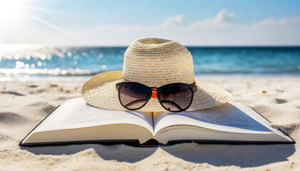 Close-up of an open book and a white straw hat with sunglasses on a sandy beach, in the background...