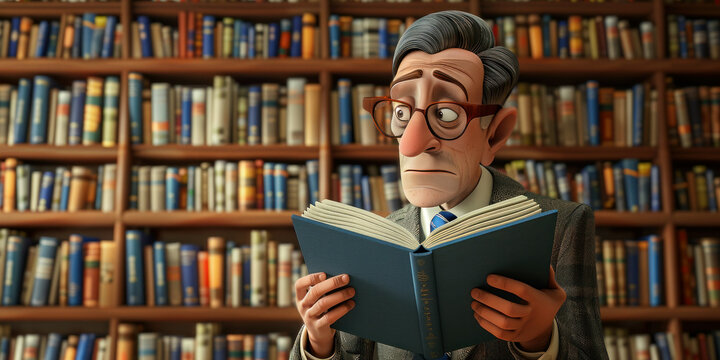 Man engrossed in reading a book surrounded by a vast library of books in animated image