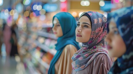 Obraz premium A group of Middle Eastern women in hijab shopping for gifts at a department store