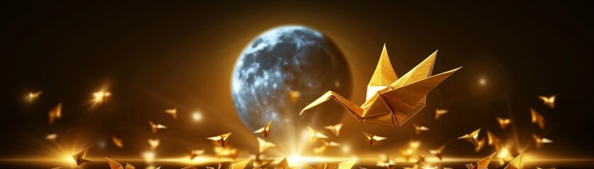 Golden origami crane flying towards the moon, Symbolizing hope and good fortune in financial endeavors - obrazy, fototapety, plakaty