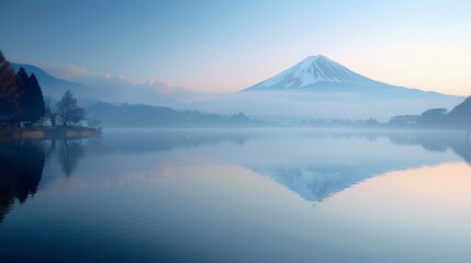 Early morning glow over Lake Kawaguchiko with Mount Fuji's iconic peak.