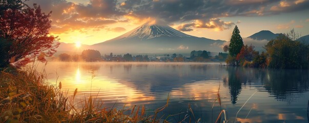 Early morning glow over Lake Kawaguchiko with Mount Fuji's iconic peak. - obrazy, fototapety, plakaty