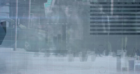 Image of data processing over diverse business people walking