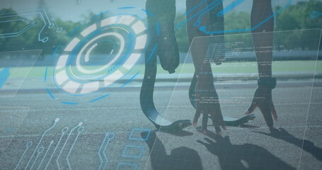 Image of data processing on digital screen over african america male runner with running blade