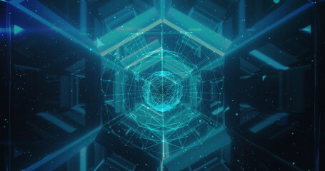 Fototapeta premium Image of dots and connections over moving hexagon tunnel made of neon lights