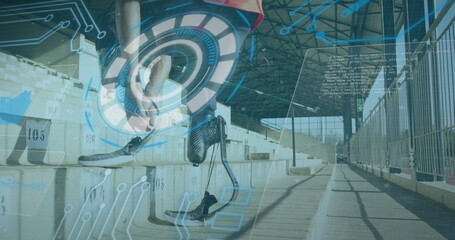 Image of data processing on digital screen over african america male runner with running blade