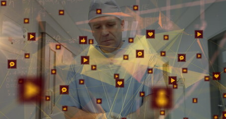 Image of data processing over caucasian male doctor walking